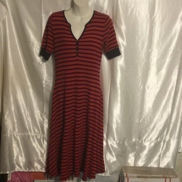 Lauren Ralph Lauren Red Blue Stripped  Waffle Knit Henley Button Down Dress M - Picture 1 of 5